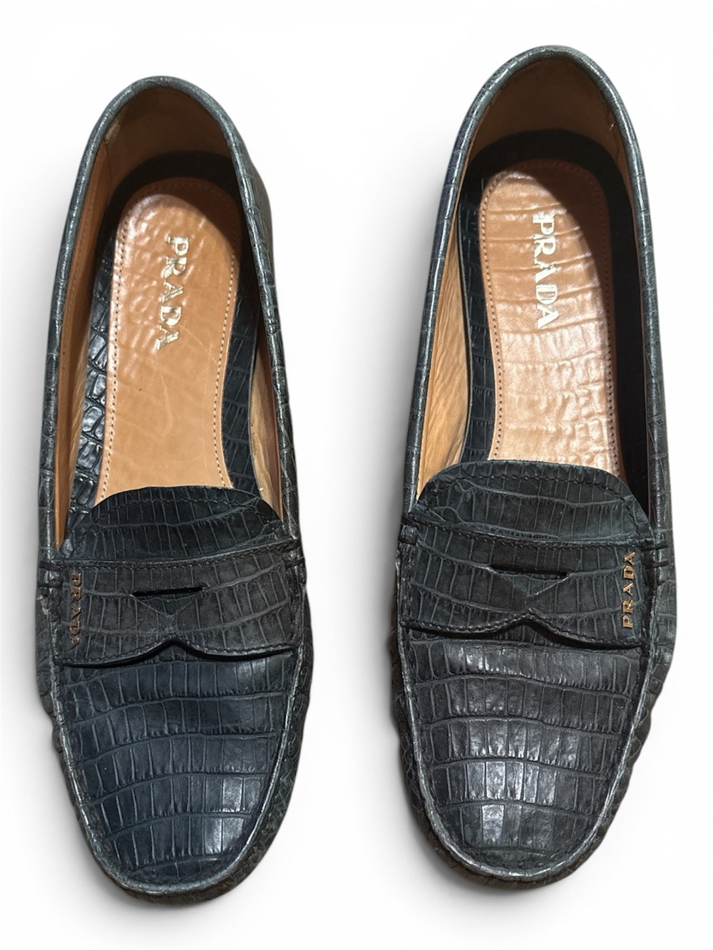 Prada Green Croc-Embossed Leather Penny Loafers